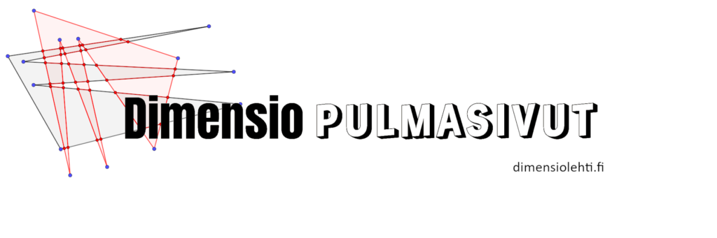 Pulmasivujen logo, punainen viivakuvio ja teksti Dimensio pulmasivut dimensiolehti.fi